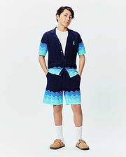 Psycho Bunny navy knit collared shirt and Kids Holden Knit Short set, featuring a wavy gradient pattern in blues and turquoise, textured knit fabric, and a small embroidered blue bunny skull logo on the left chest. (4)