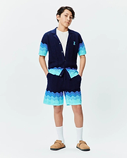 Psycho Bunny navy knit collared shirt and Kids Holden Knit Short set, featuring a wavy gradient pattern in blues and turquoise, textured knit fabric, and a small embroidered blue bunny skull logo on the left chest. (4)