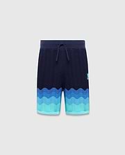 Kids Holden Knit Short in navy with a wavy knit texture, featuring a blue to teal gradient hem and a small embroidered Psycho Bunny skull logo on the right thigh. (5)