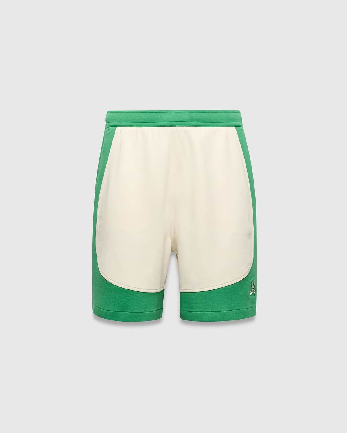 Kids Kelly Short, a relaxed fit green and cream color-block short in soft jersey fabric, featuring a small embroidered Psycho Bunny skull logo on the lower right leg.