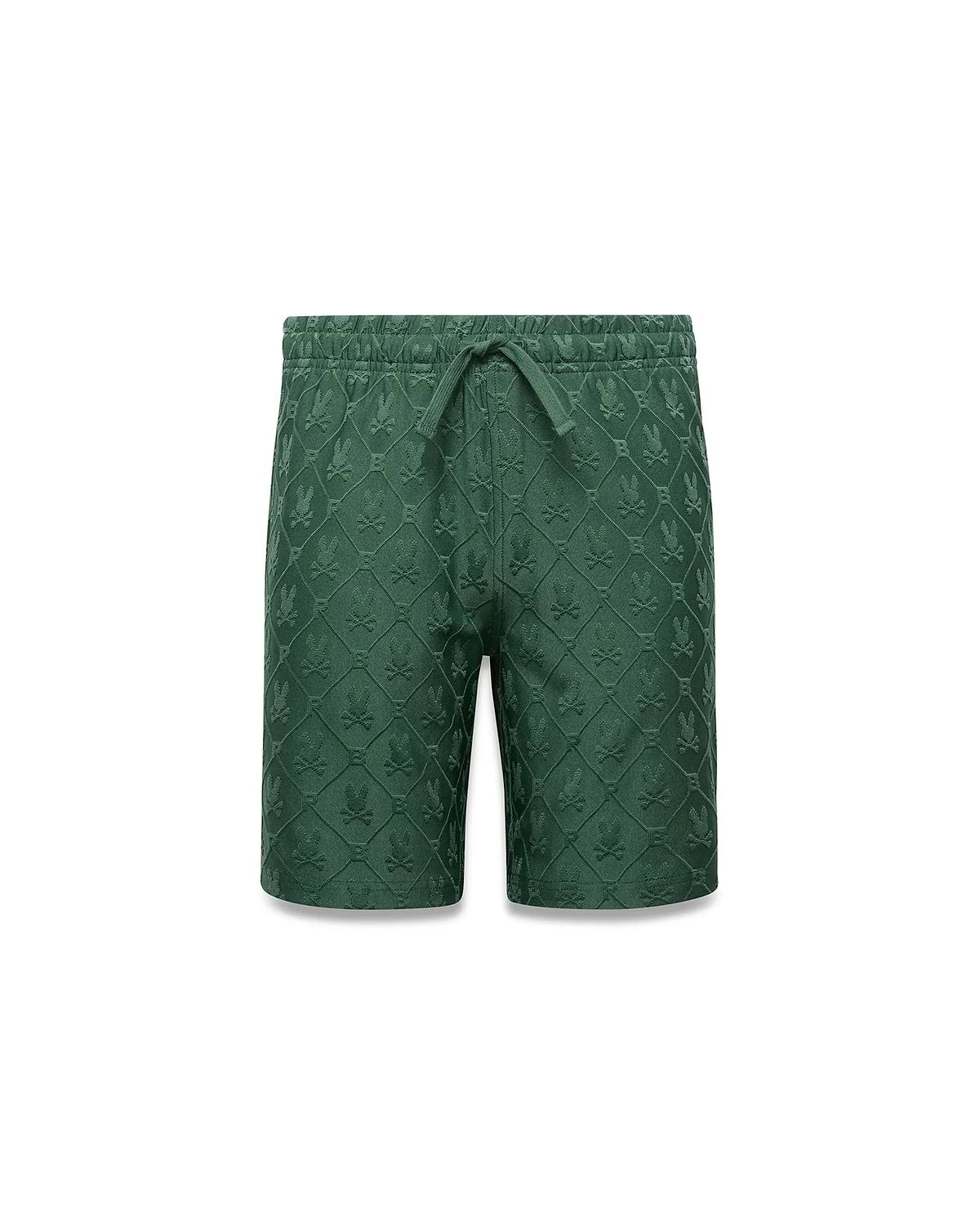 Kids Garry Jacquard Sweatshort in forest green, featuring a relaxed fit and an all-over jacquard knit pattern of repeated Psycho Bunny skull logos within a diamond grid.