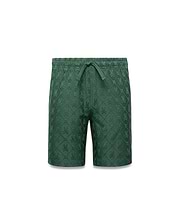 Kids Garry Jacquard Sweatshort in forest green, featuring a relaxed fit and an all-over jacquard knit pattern of repeated Psycho Bunny skull logos within a diamond grid.