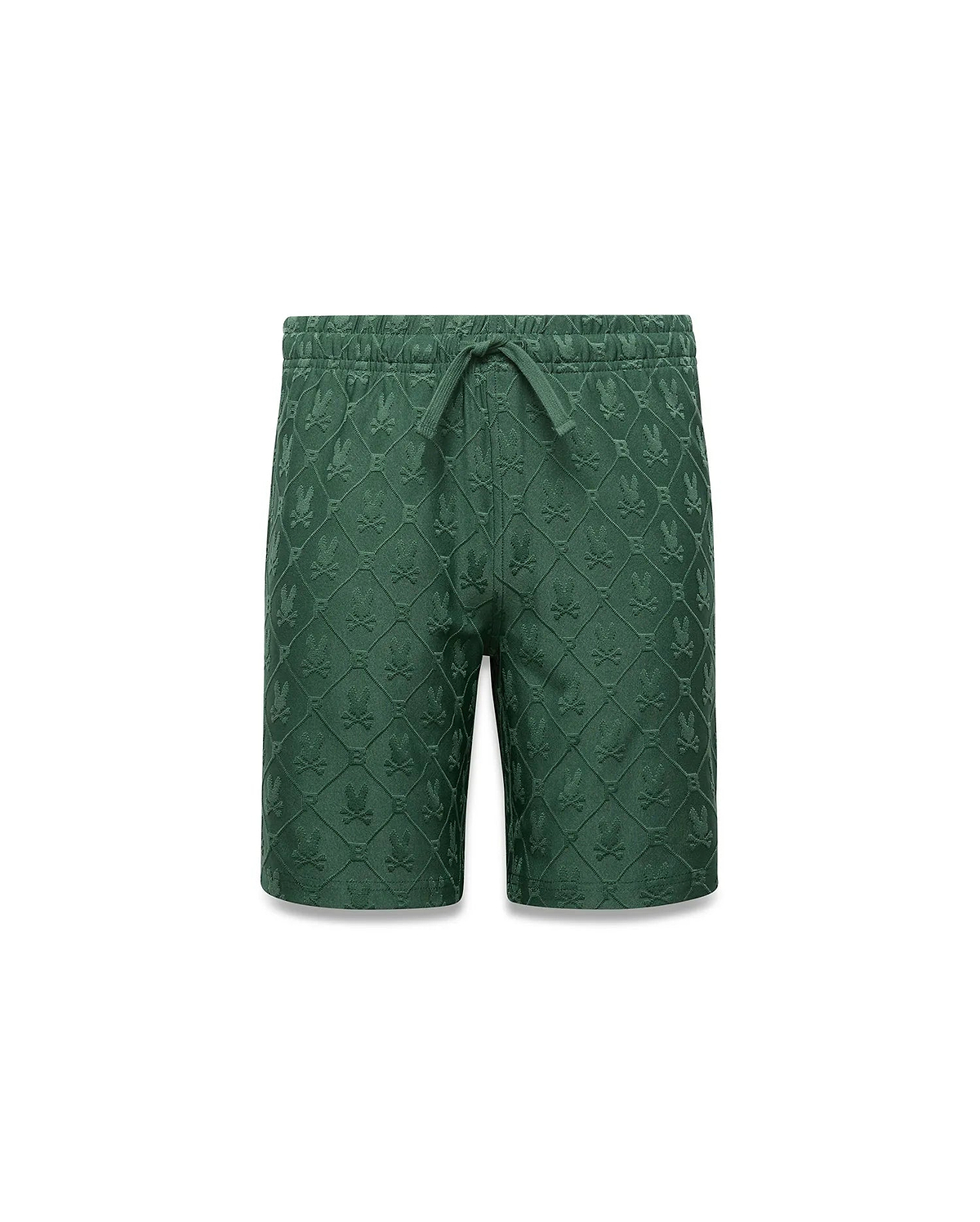 Kids Garry Jacquard Sweatshort in forest green, featuring a relaxed fit and an all-over jacquard knit pattern of repeated Psycho Bunny skull logos within a diamond grid.