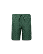 Kids Garry Jacquard Sweatshort in forest green, featuring a relaxed fit and an all-over jacquard knit pattern of repeated Psycho Bunny skull logos within a diamond grid.