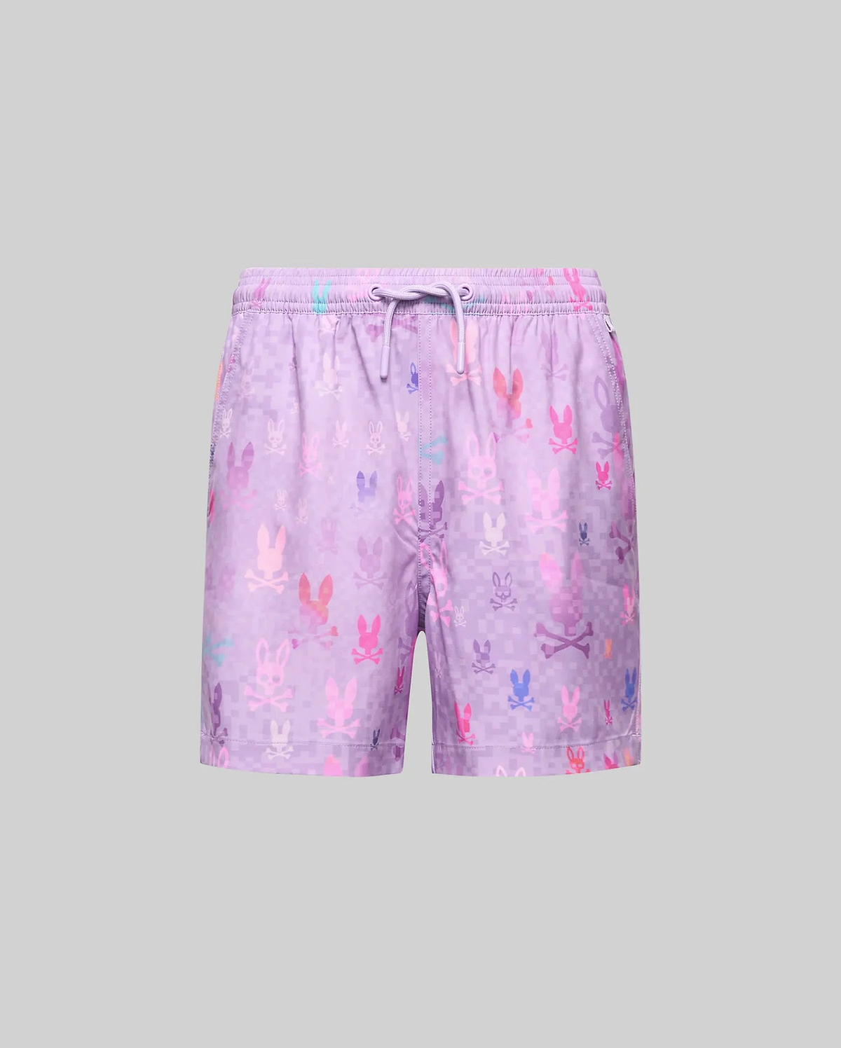 Kids Van Swim Trunk in lavender with a relaxed fit, featuring an all-over pixelated multicolored Psycho Bunny skull logo pattern on a subtle checkered background, and a drawstring waist.