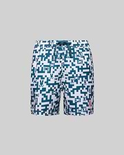 Kids Josh Swim Trunk, white with a teal pixelated geometric pattern and repeating small bunny skull logos, featuring a small embroidered pink Psycho Bunny logo on the left leg, relaxed fit. (5)
