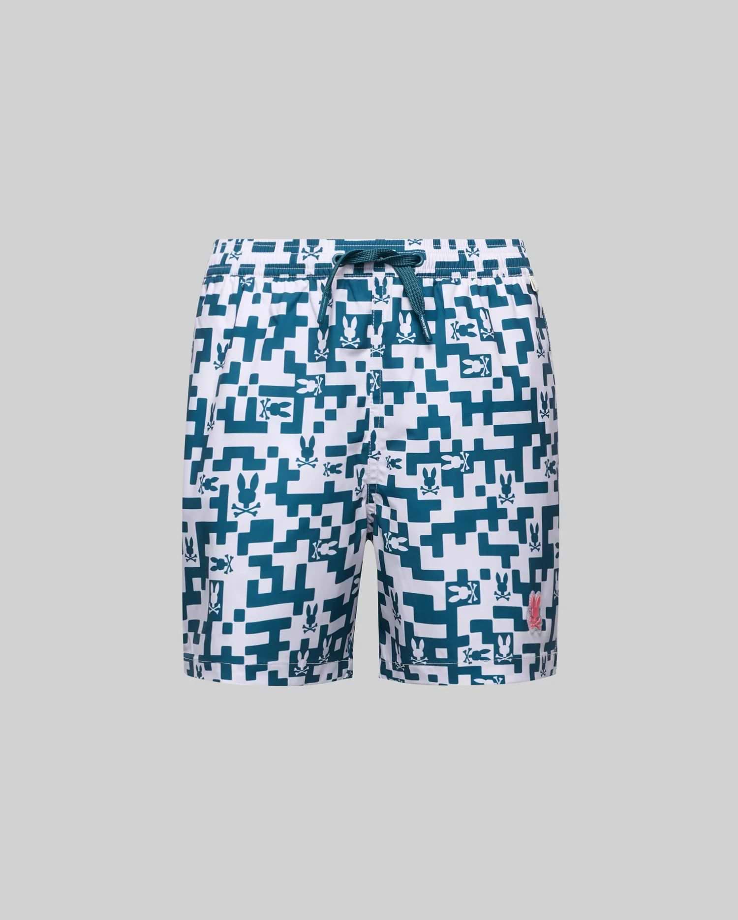 Kids Josh Swim Trunk, white with a teal pixelated geometric pattern and repeating small bunny skull logos, featuring a small embroidered pink Psycho Bunny logo on the left leg, relaxed fit. (5)