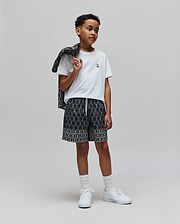 White classic fit jersey t-shirt with small embroidered Psycho Bunny logo on chest. Paired with Kids Keon Swim Trunk, black with all-over white bunny skull print, and a matching patterned jacket. (4)