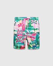 Kids Nate All Over Print Swim Trunk featuring a vibrant multi-color abstract brushstroke pattern with green, pink, blue, and yellow hues, an all-over Psycho Bunny skull and crossbones logo print, and a bright pink drawstring.