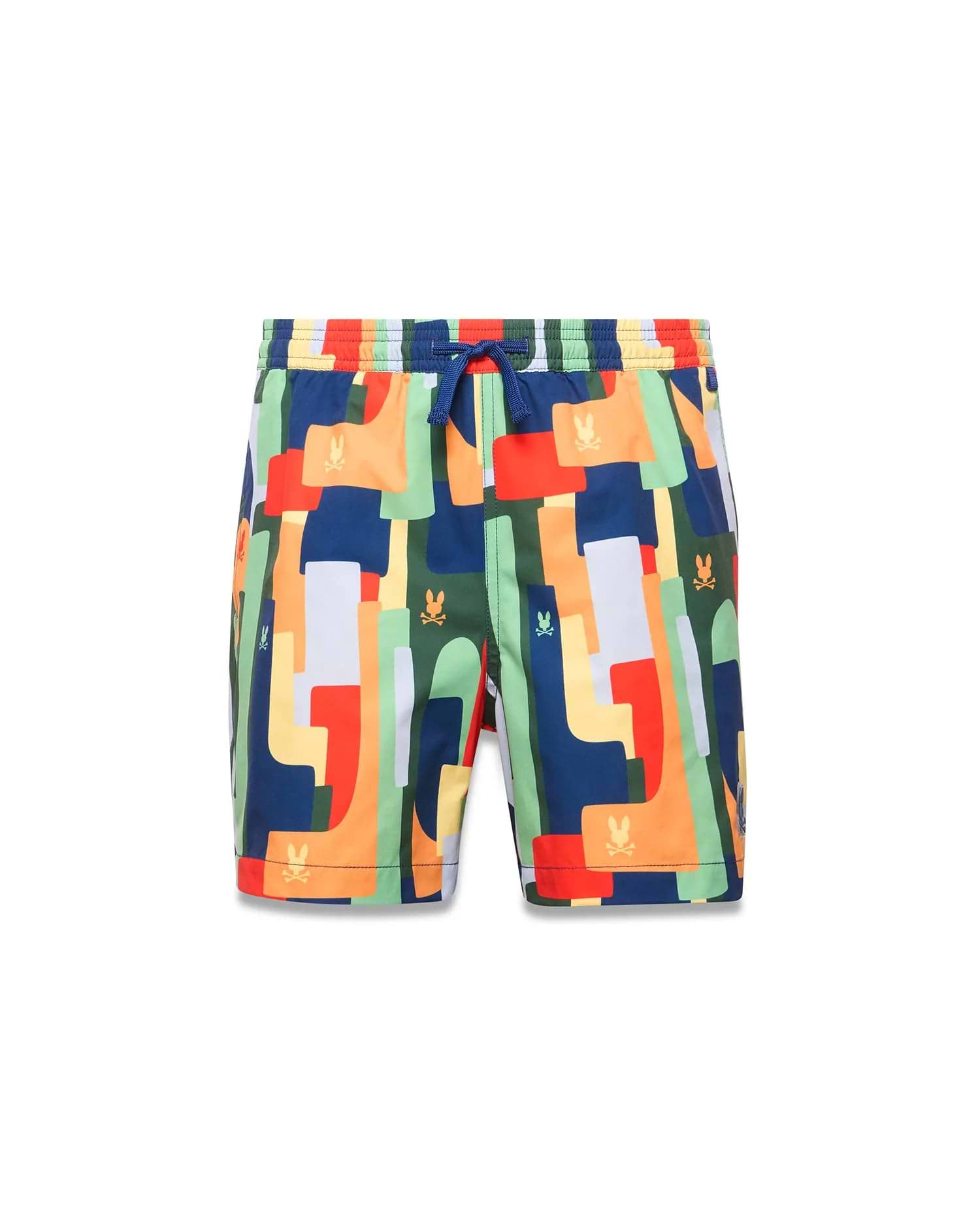 Kids Wes All Over Print Swim Trunk featuring a vibrant multi-color geometric pattern in navy, orange, red, green, and yellow, with small repeated Psycho Bunny skull logos and a blue drawstring.