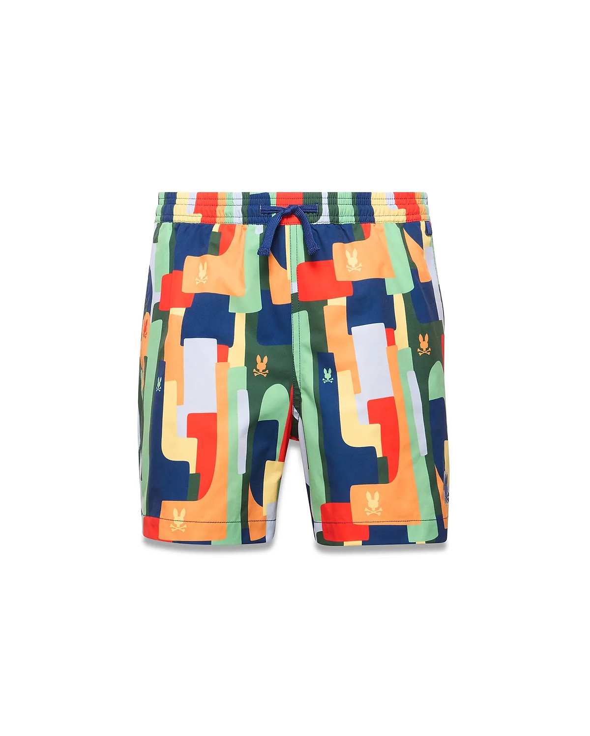 Kids Wes All Over Print Swim Trunk featuring a vibrant multi-color geometric pattern in navy, orange, red, green, and yellow, with small repeated Psycho Bunny skull logos and a blue drawstring.