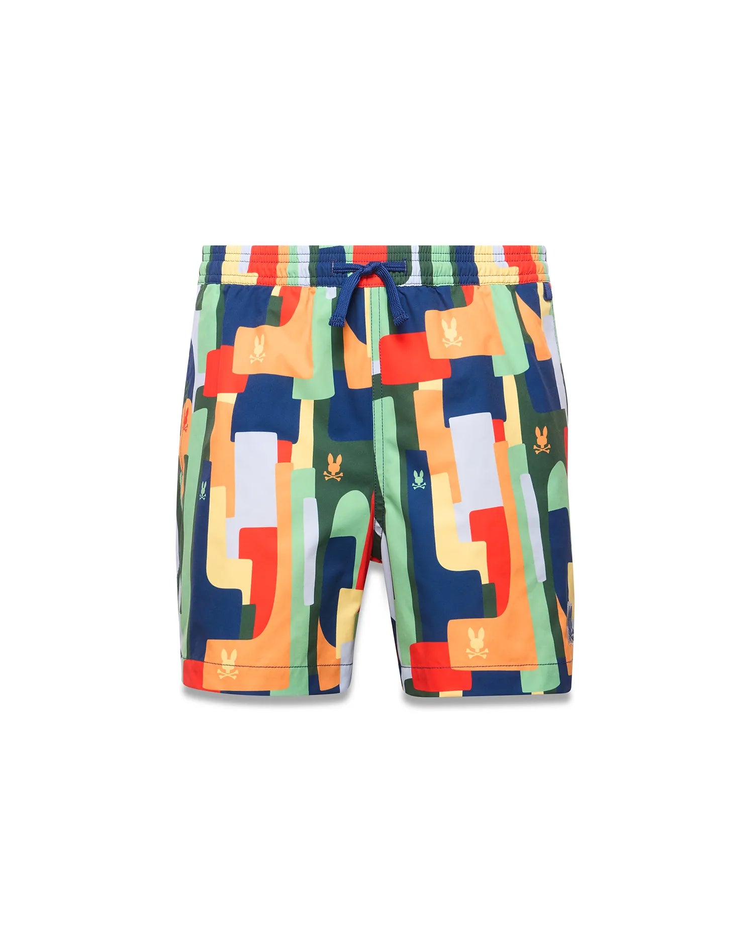 Kids Wes All Over Print Swim Trunk featuring a vibrant multi-color geometric pattern in navy, orange, red, green, and yellow, with small repeated Psycho Bunny skull logos and a blue drawstring.