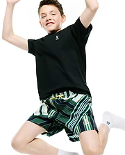 Black jersey t-shirt with small pink and white Psycho Bunny logo on left chest, paired with Kids Drew All Over Print Swim Trunk featuring green, white, and yellow vertical stripes, yellow drawstring, and small Psycho Bunny logo on left leg. (2)