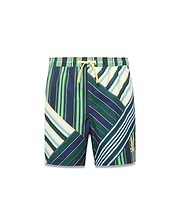 Kids Drew All Over Print Swim Trunk featuring a bold, multi-directional stripe pattern in navy, green, white, and yellow, with a yellow drawstring and a small embroidered gold Psycho Bunny logo on the right leg. (4)