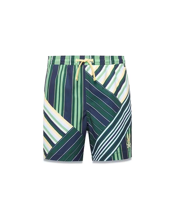 Kids Drew All Over Print Swim Trunk featuring a bold, multi-directional stripe pattern in navy, green, white, and yellow, with a yellow drawstring and a small embroidered gold Psycho Bunny logo on the right leg. (4)