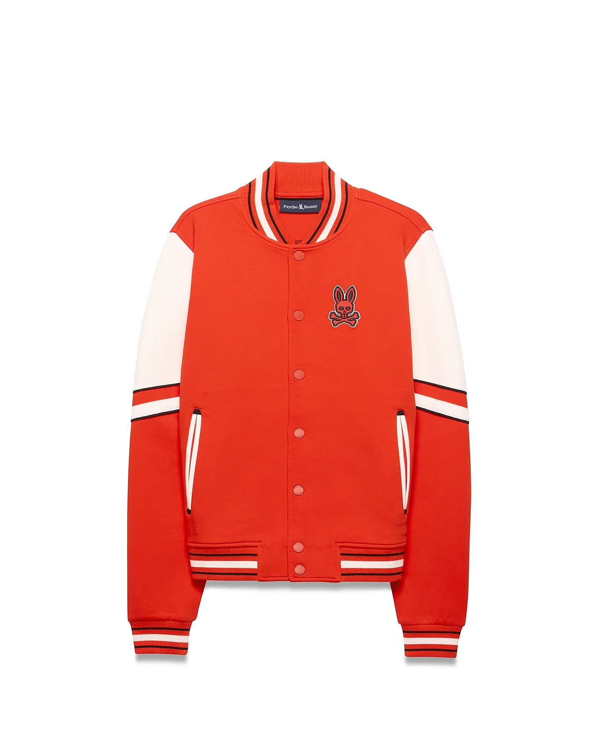 Kids Joey Knit Bomber in red with white sleeves, classic fit, ribbed striped collar, cuffs, and hem, snap button closure, and an embroidered Psycho Bunny skull logo on the left chest.