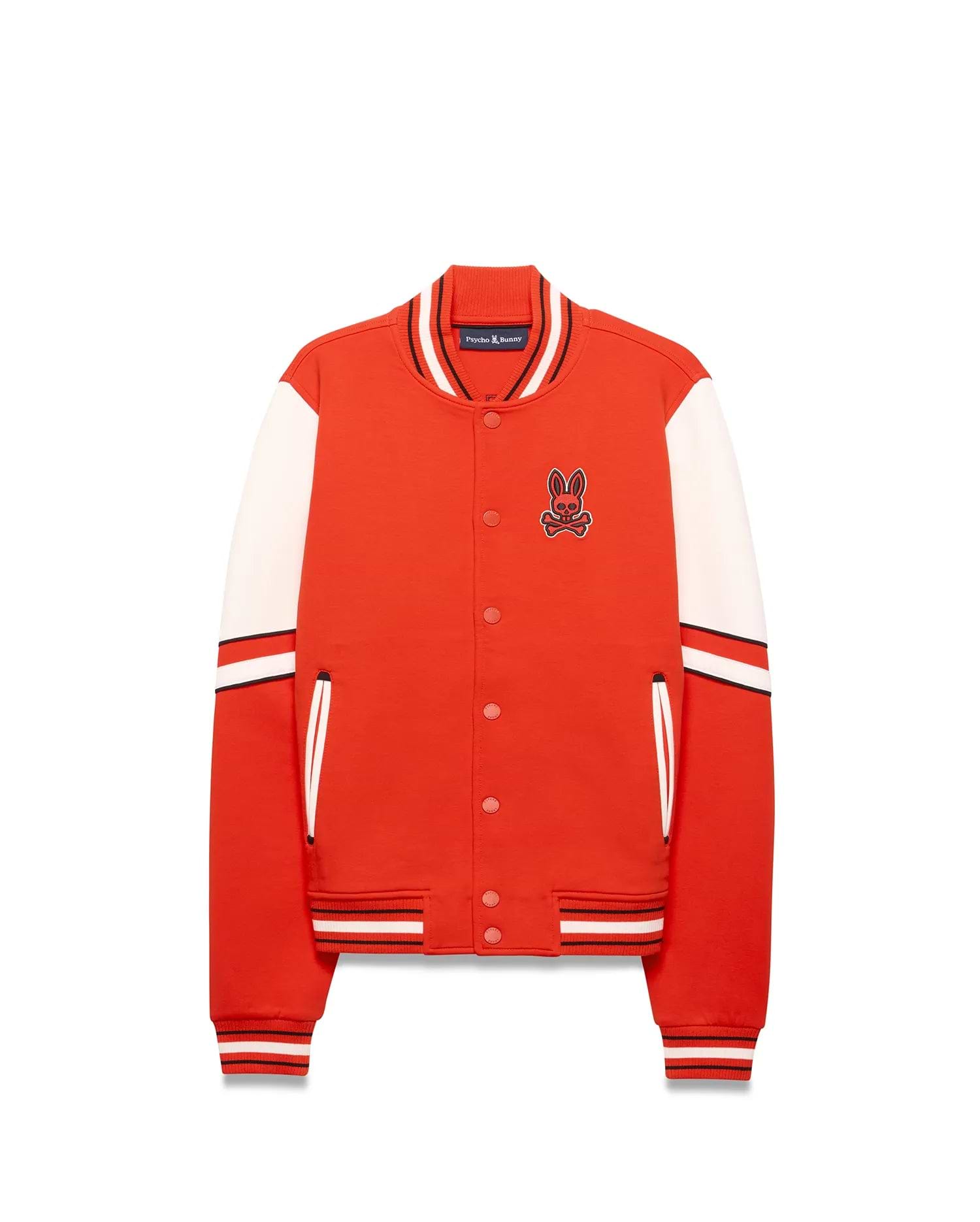 Kids Joey Knit Bomber in red with white sleeves, classic fit, ribbed striped collar, cuffs, and hem, snap button closure, and an embroidered Psycho Bunny skull logo on the left chest.