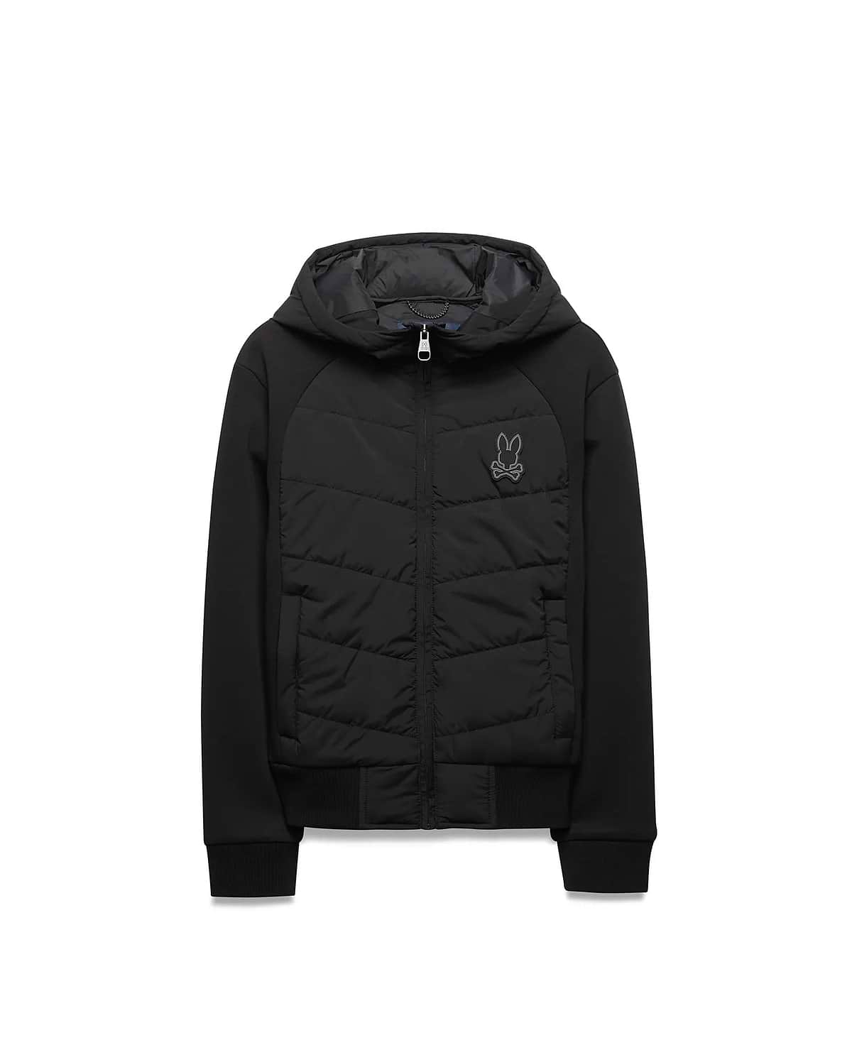 Kids Gordley Mix Media Jacket, a black hooded full-zip jacket with a quilted front panel, smooth sleeves, ribbed cuffs and hem, featuring a small embroidered Psycho Bunny skull logo on the left chest.
