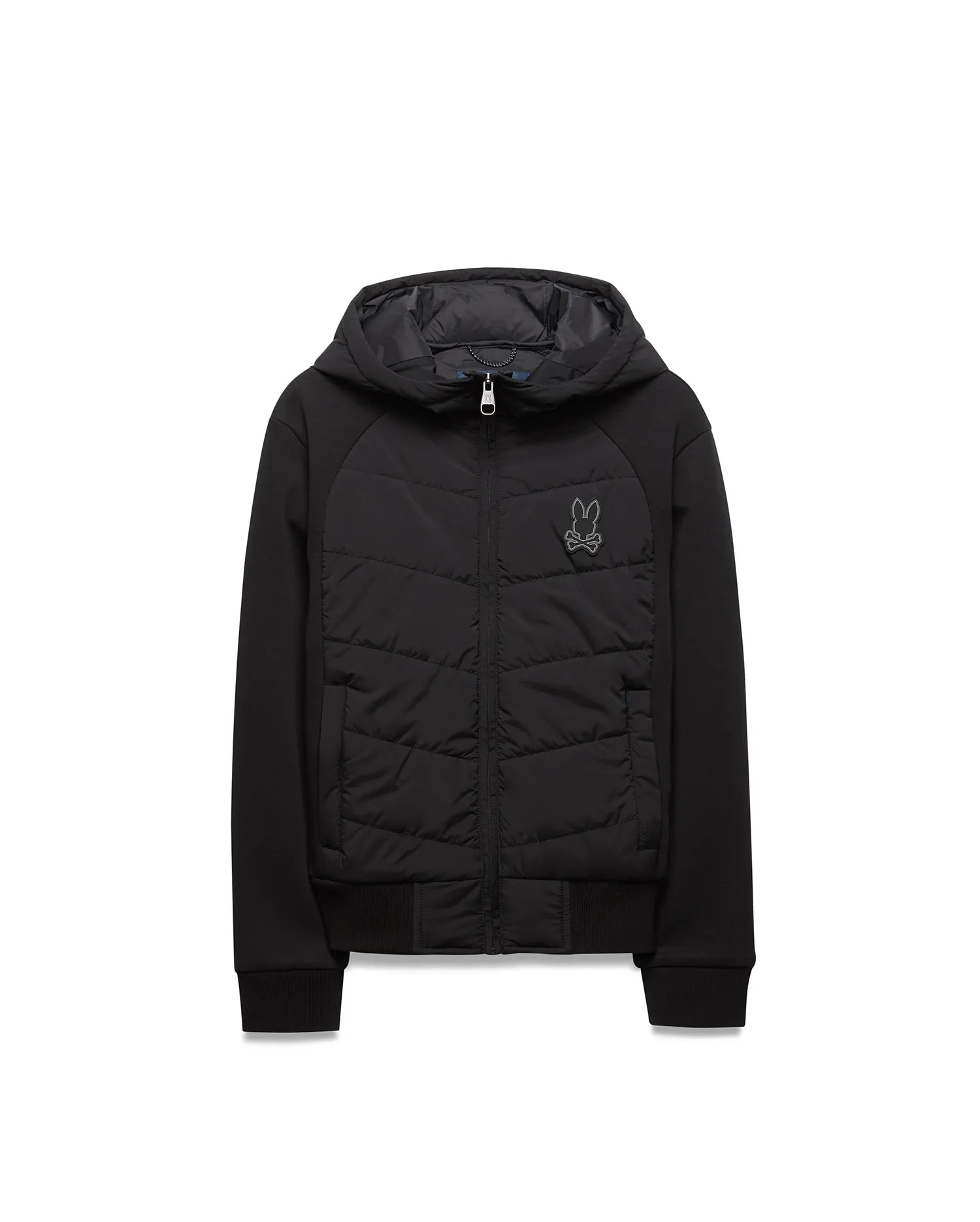 Kids Gordley Mix Media Jacket, a black hooded full-zip jacket with a quilted front panel, smooth sleeves, ribbed cuffs and hem, featuring a small embroidered Psycho Bunny skull logo on the left chest.