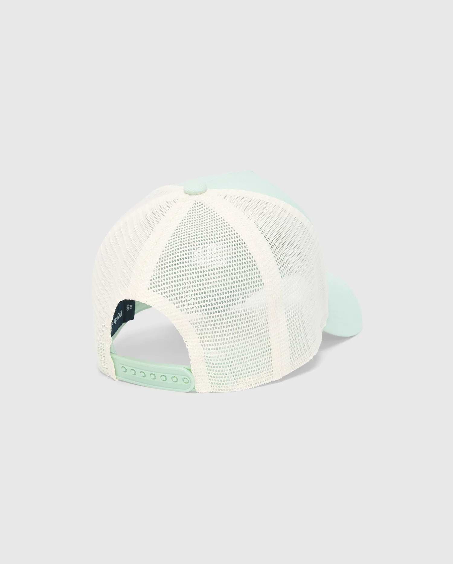 Kids Adamo Bunny Trucker Cap featuring a fresh mint green front and brim, paired with a breathable cream mesh back. This stylish cap includes an adjustable mint green snapback closure for a comfortable fit. (4)