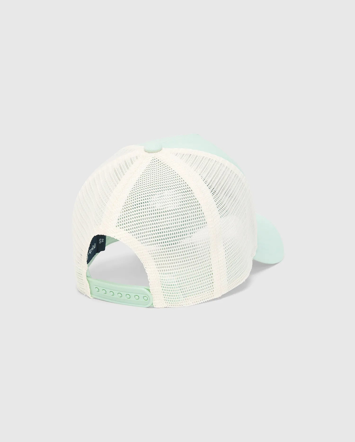 Kids Adamo Bunny Trucker Cap featuring a fresh mint green front and brim, paired with a breathable cream mesh back. This stylish cap includes an adjustable mint green snapback closure for a comfortable fit. (4)