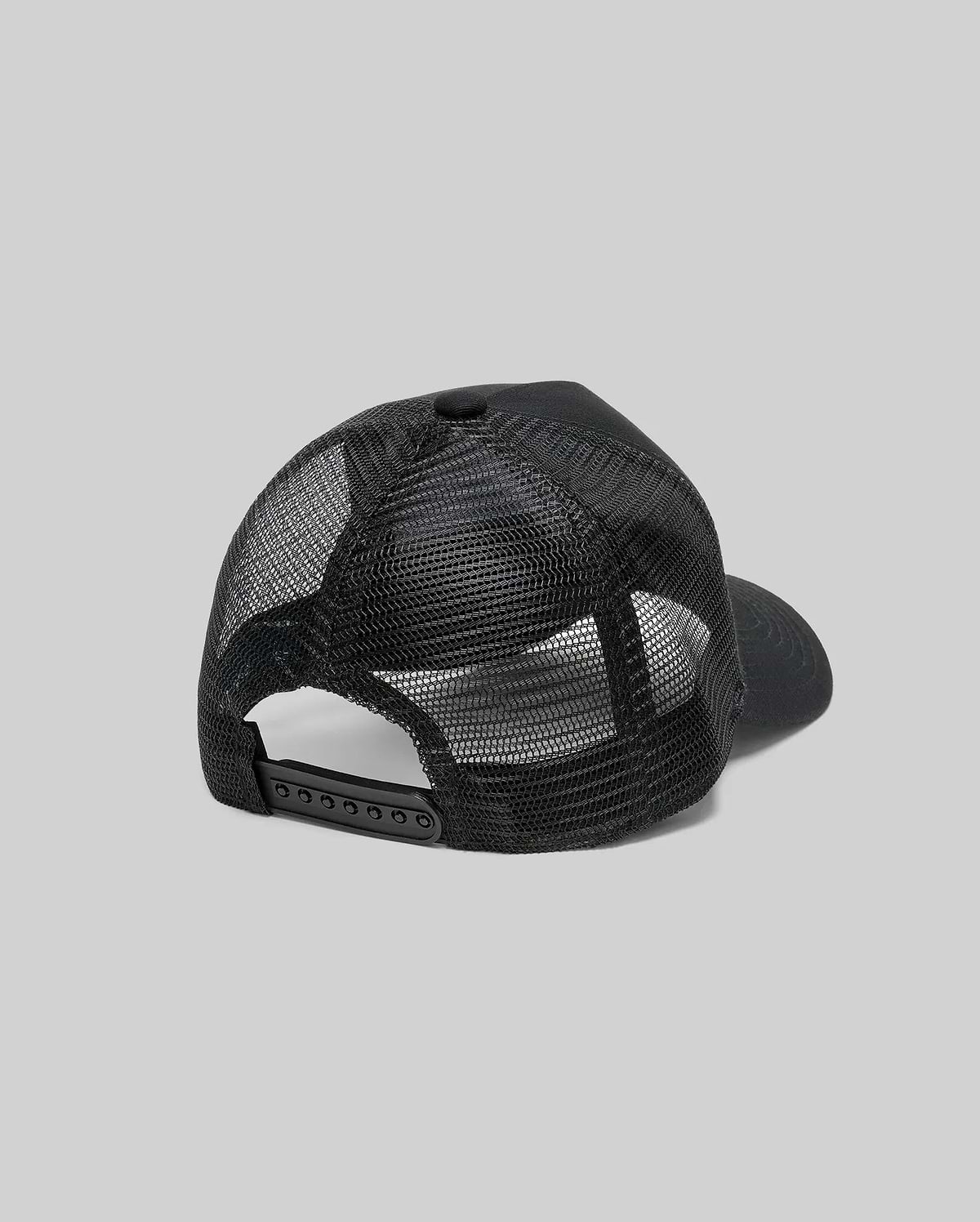 Black Kids Adamo Trucker Cap featuring a breathable black mesh back, a solid black crown, and an adjustable black snapback closure for a classic streetwear look.