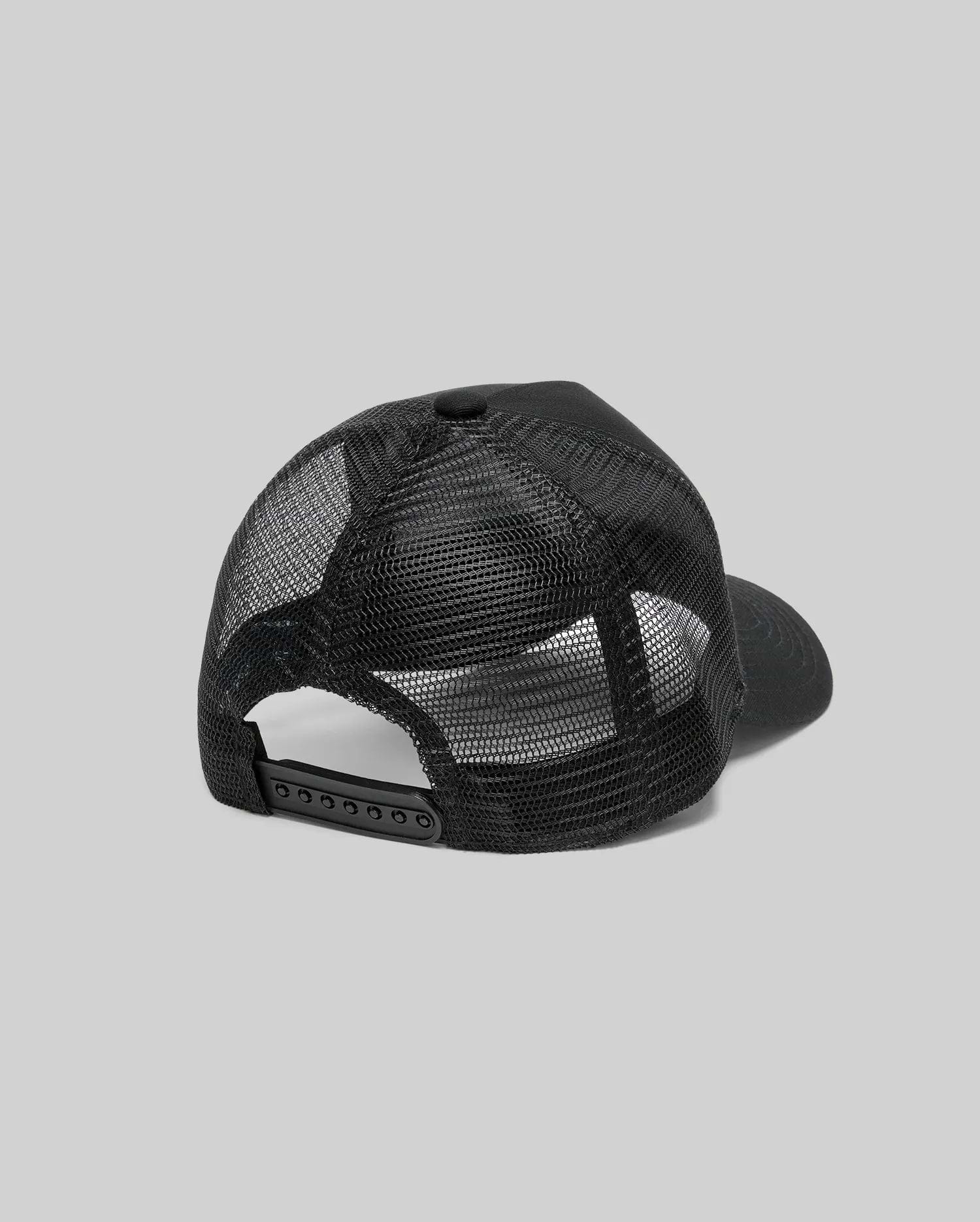 Black Kids Adamo Trucker Cap featuring a breathable black mesh back, a solid black crown, and an adjustable black snapback closure for a classic streetwear look.