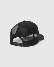 Kids Frank Trucker Cap in black, featuring breathable mesh back panels, a solid front and brim, a top button, and an adjustable snapback closure for a comfortable fit.