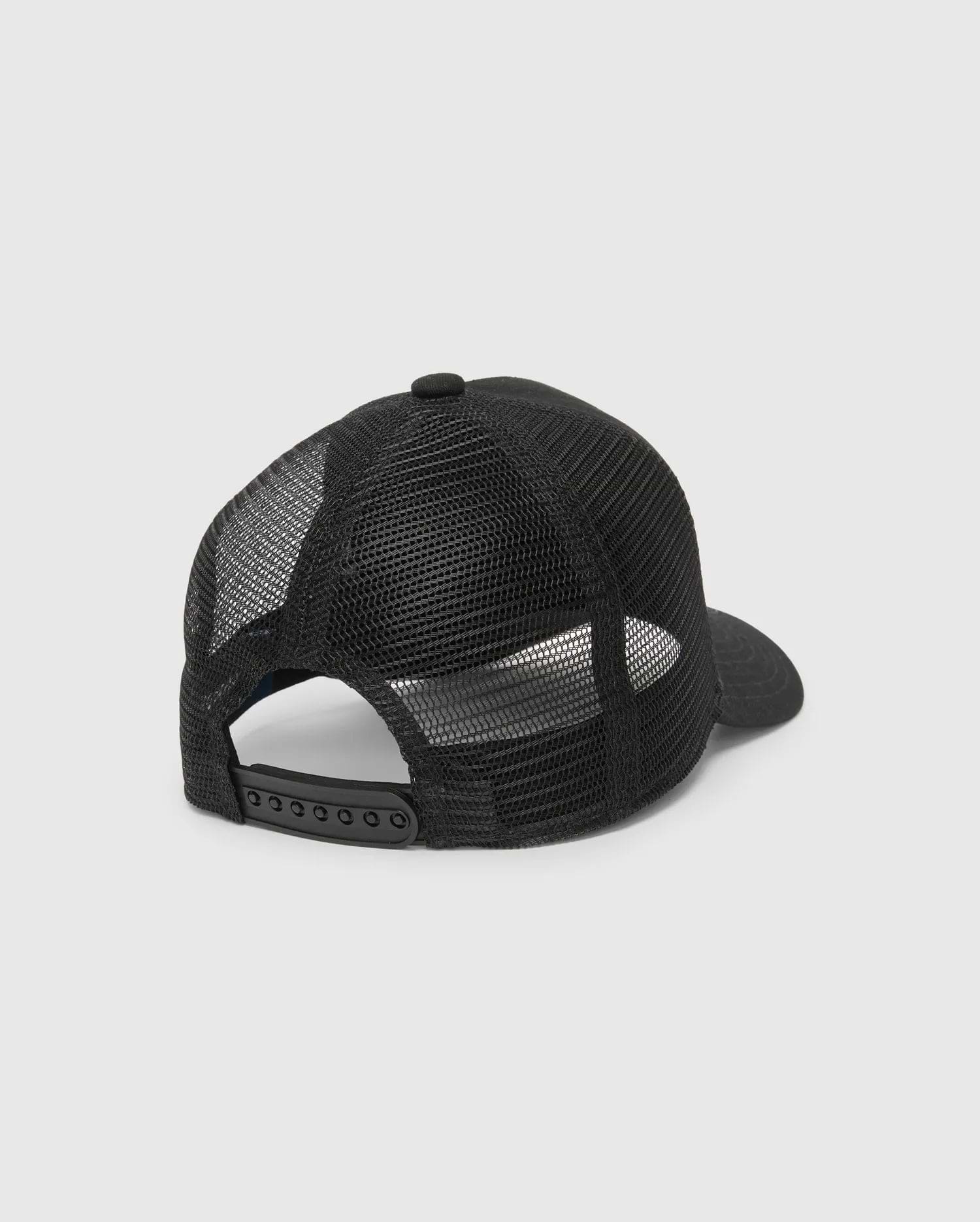 Kids Frank Trucker Cap in black, featuring breathable mesh back panels, a solid front and brim, a top button, and an adjustable snapback closure for a comfortable fit.