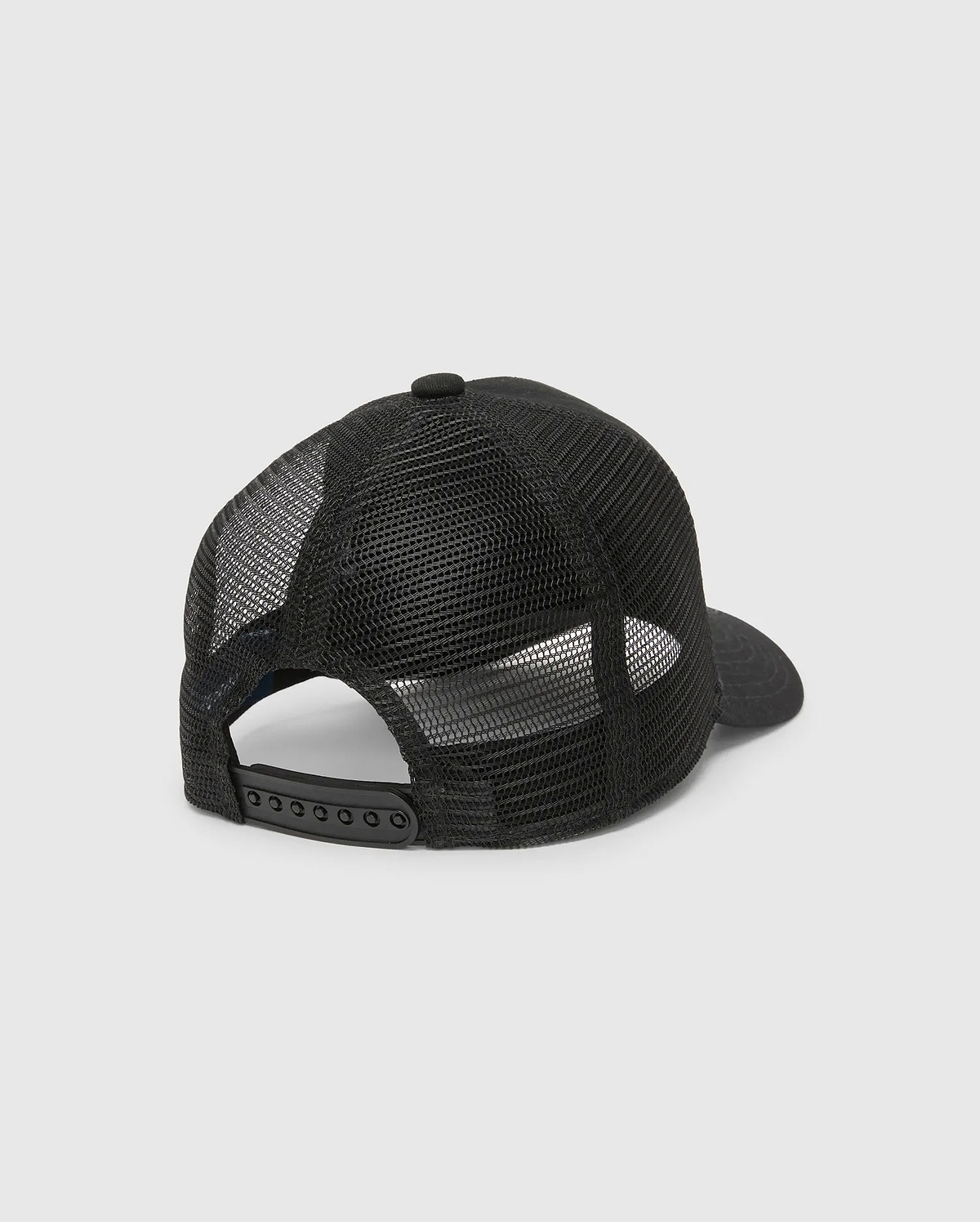 Kids Frank Trucker Cap in black, featuring breathable mesh back panels, a solid front and brim, a top button, and an adjustable snapback closure for a comfortable fit.