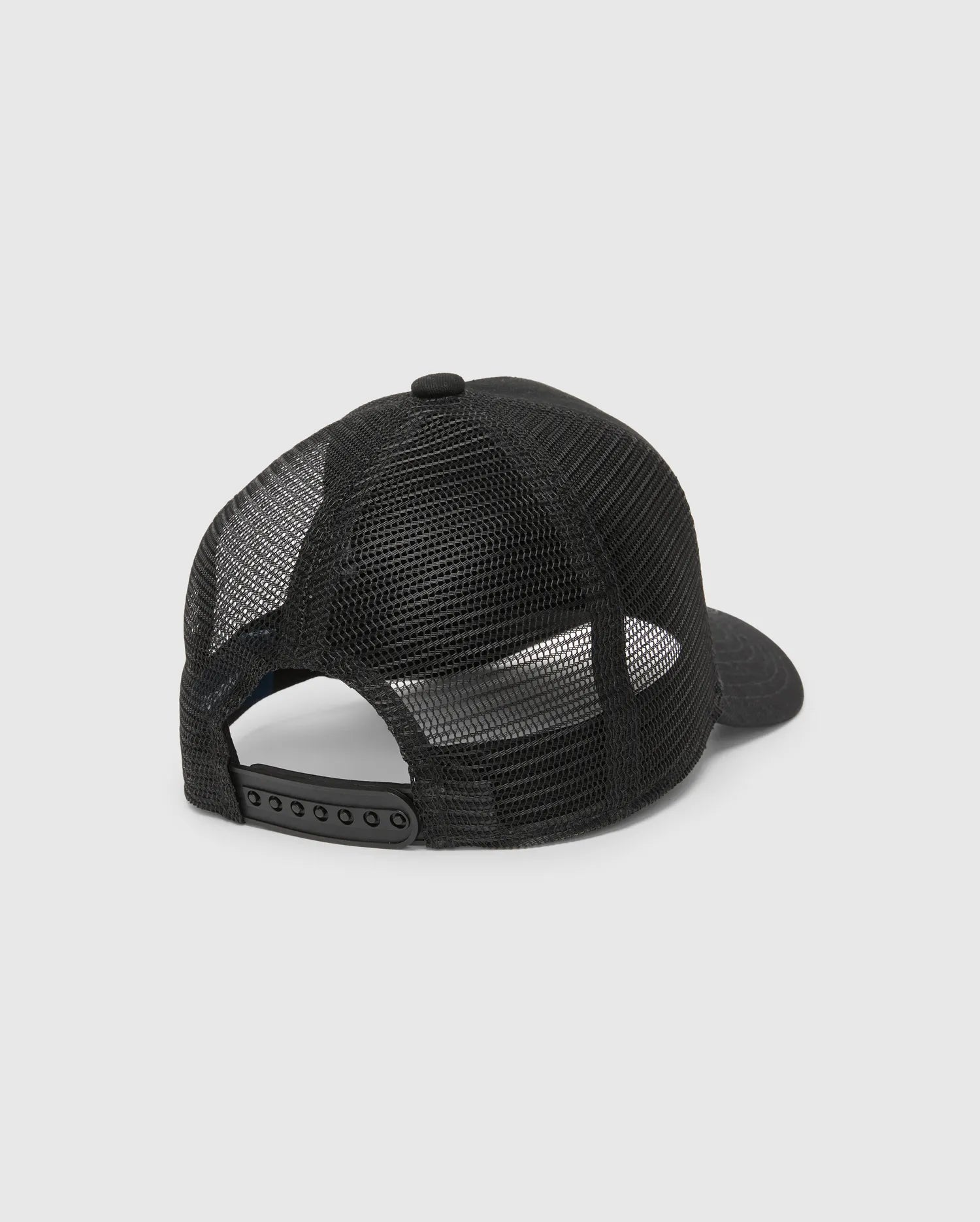 Kids Frank Trucker Cap in black, featuring breathable mesh back panels, a solid front and brim, a top button, and an adjustable snapback closure for a comfortable fit.