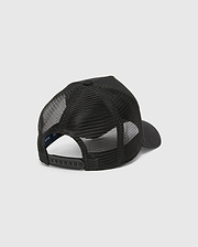 Black Kids Isaac Trucker Cap featuring a breathable mesh back, solid front panel, adjustable snapback closure, and a small inner Psycho Bunny brand tag.