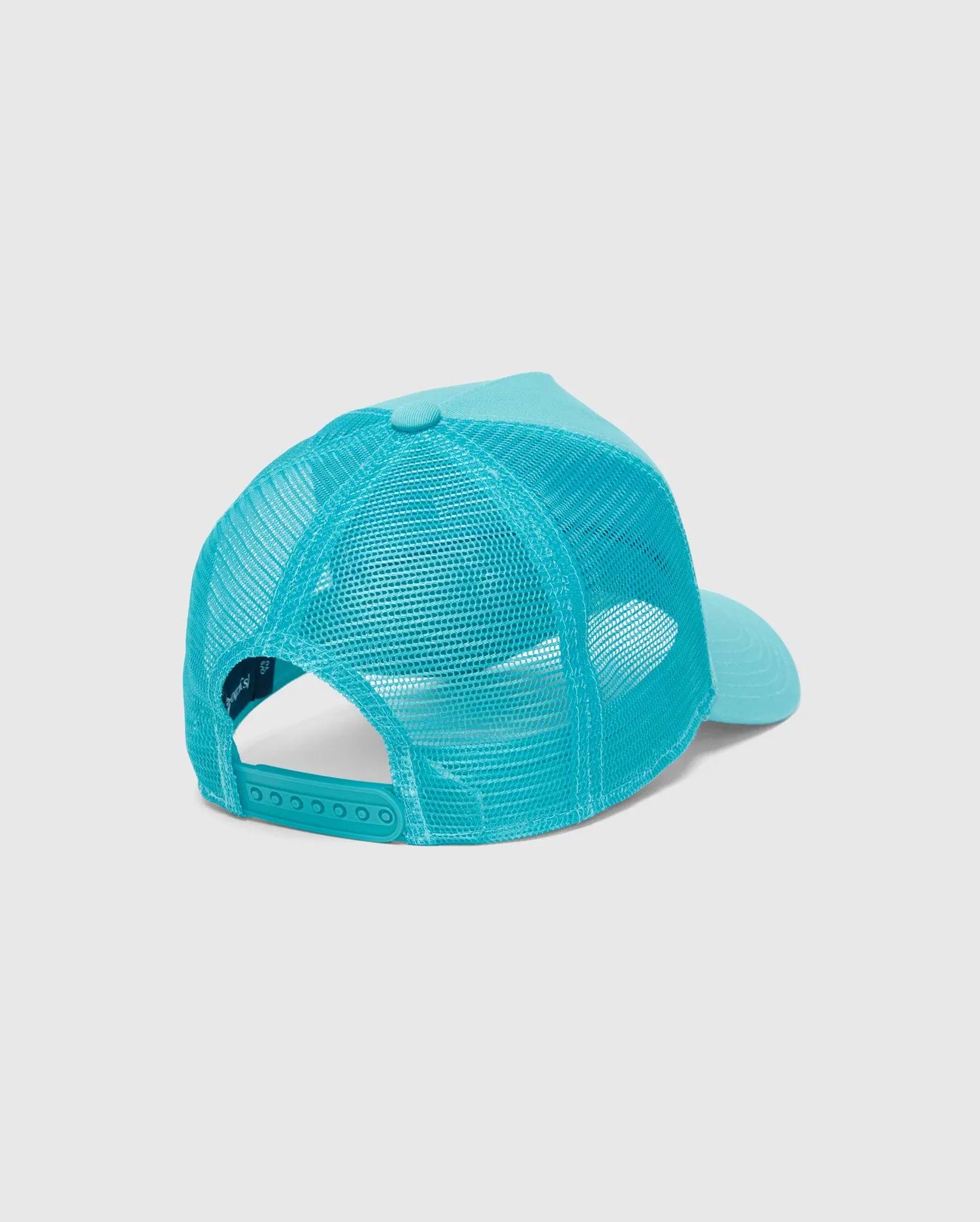 Kids Isaac Trucker Cap, a vibrant aqua blue cap with a structured solid front and brim, breathable mesh back panels, and an adjustable snapback closure for a custom fit.