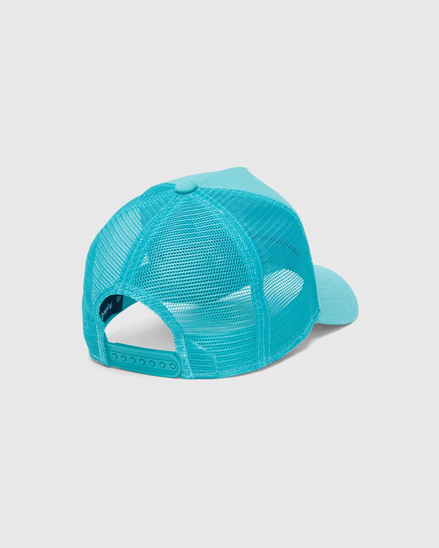 Kids Isaac Trucker Cap, a vibrant aqua blue cap with a structured solid front and brim, breathable mesh back panels, and an adjustable snapback closure for a custom fit.