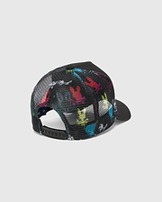 KIDS QUINTIN TRUCKER CAP. Black mesh trucker cap featuring a vibrant, repeating multi-color iconic Psycho Bunny skull print on the front panels, complete with a black adjustable snapback closure.