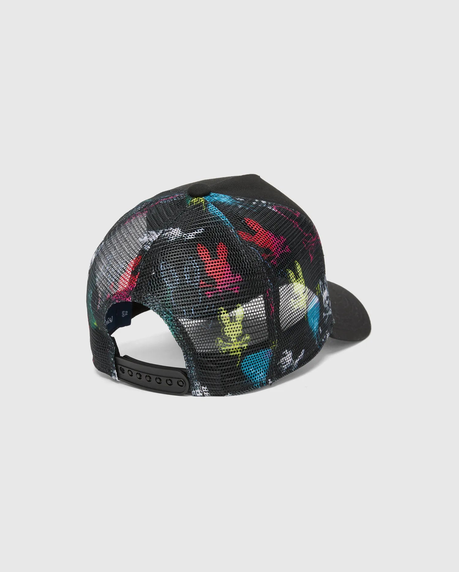 KIDS QUINTIN TRUCKER CAP. Black mesh trucker cap featuring a vibrant, repeating multi-color iconic Psycho Bunny skull print on the front panels, complete with a black adjustable snapback closure.
