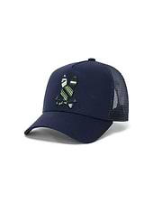 Kids Drew Trucker Cap in navy cotton twill with a mesh back, featuring a large, embroidered Psycho Bunny skull logo on the front with green, yellow, and white stripes.