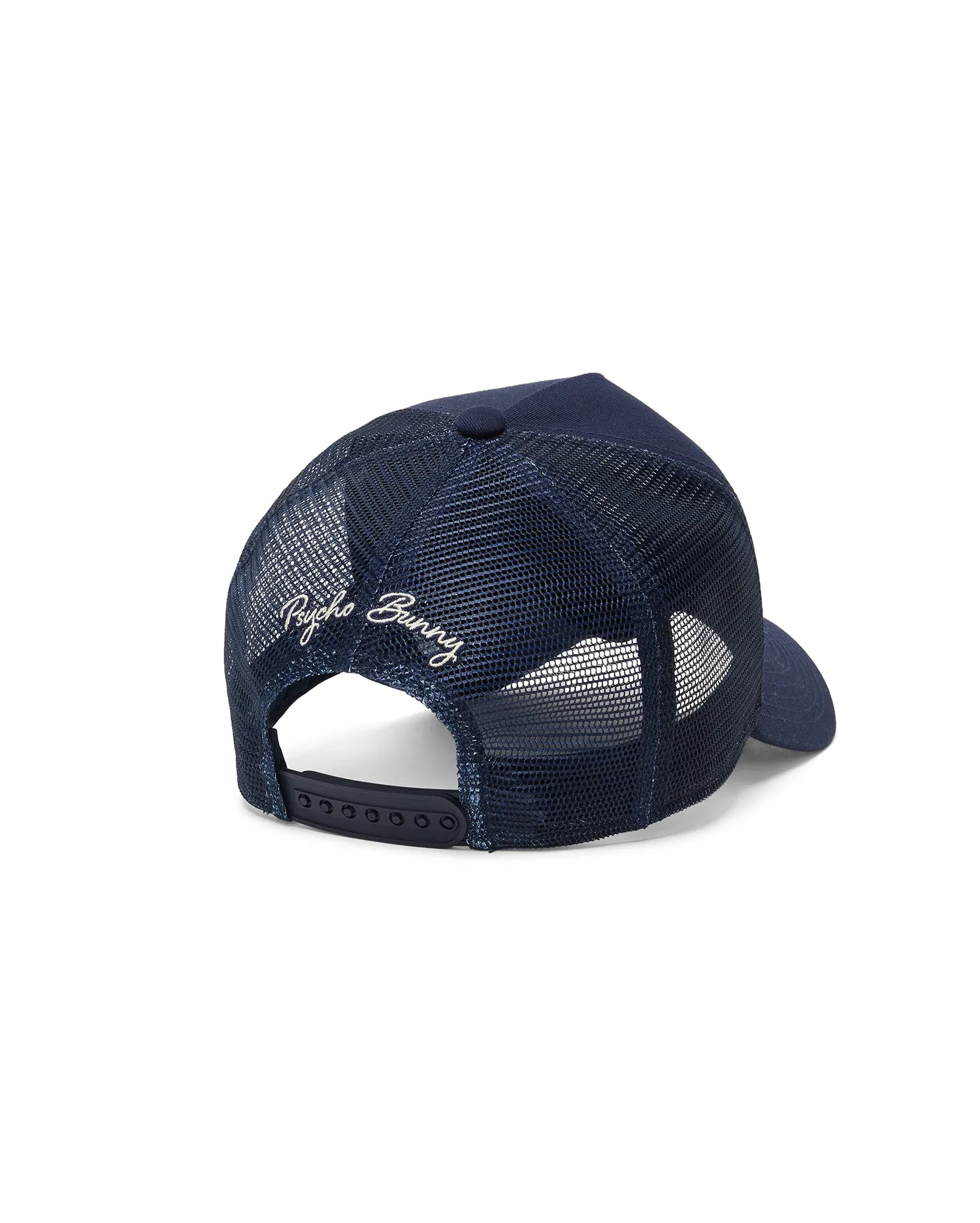Kids Drew Trucker Cap in navy with a breathable mesh back, solid front panel, and white embroidered Psycho Bunny script logo on the back, featuring an adjustable snapback closure.