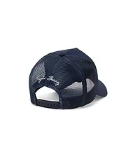 Kids Drew Trucker Cap in navy with a breathable mesh back, solid front panel, and white embroidered Psycho Bunny script logo on the back, featuring an adjustable snapback closure.