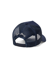Kids Drew Trucker Cap in navy with a breathable mesh back, solid front panel, and white embroidered Psycho Bunny script logo on the back, featuring an adjustable snapback closure.