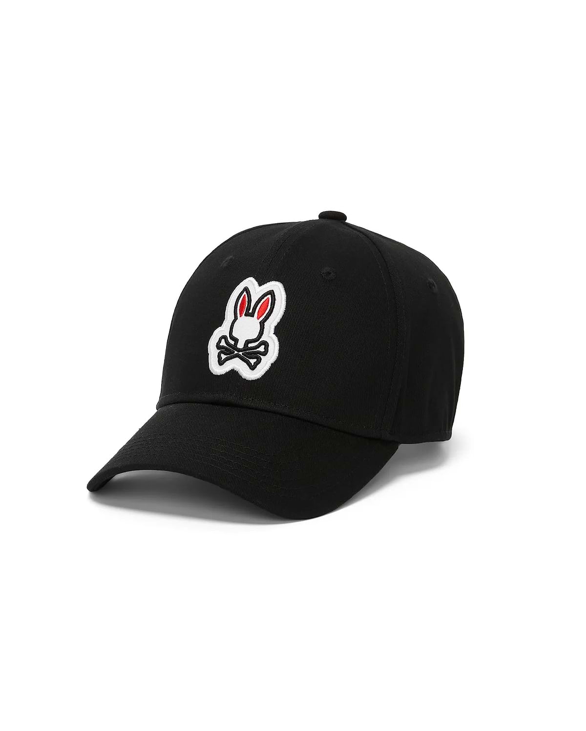 Black Kids Jaydon Baseball Cap with a prominent embroidered white and red Psycho Bunny skull and crossbones logo centered on the front, featuring a classic cotton twill texture.