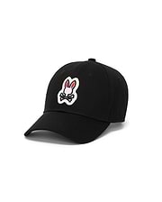Black Kids Jaydon Baseball Cap with a prominent embroidered white and red Psycho Bunny skull and crossbones logo centered on the front, featuring a classic cotton twill texture.