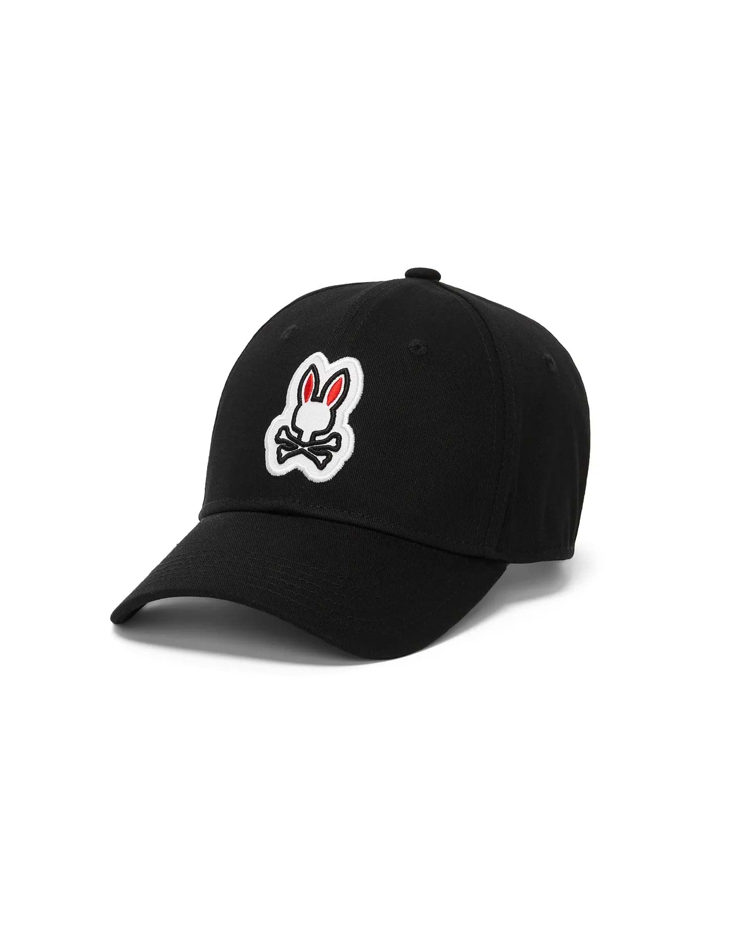 Black Kids Jaydon Baseball Cap with a prominent embroidered white and red Psycho Bunny skull and crossbones logo centered on the front, featuring a classic cotton twill texture.