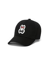 Black Kids Jaydon Baseball Cap with a prominent embroidered white and red Psycho Bunny skull and crossbones logo centered on the front, featuring a classic cotton twill texture.