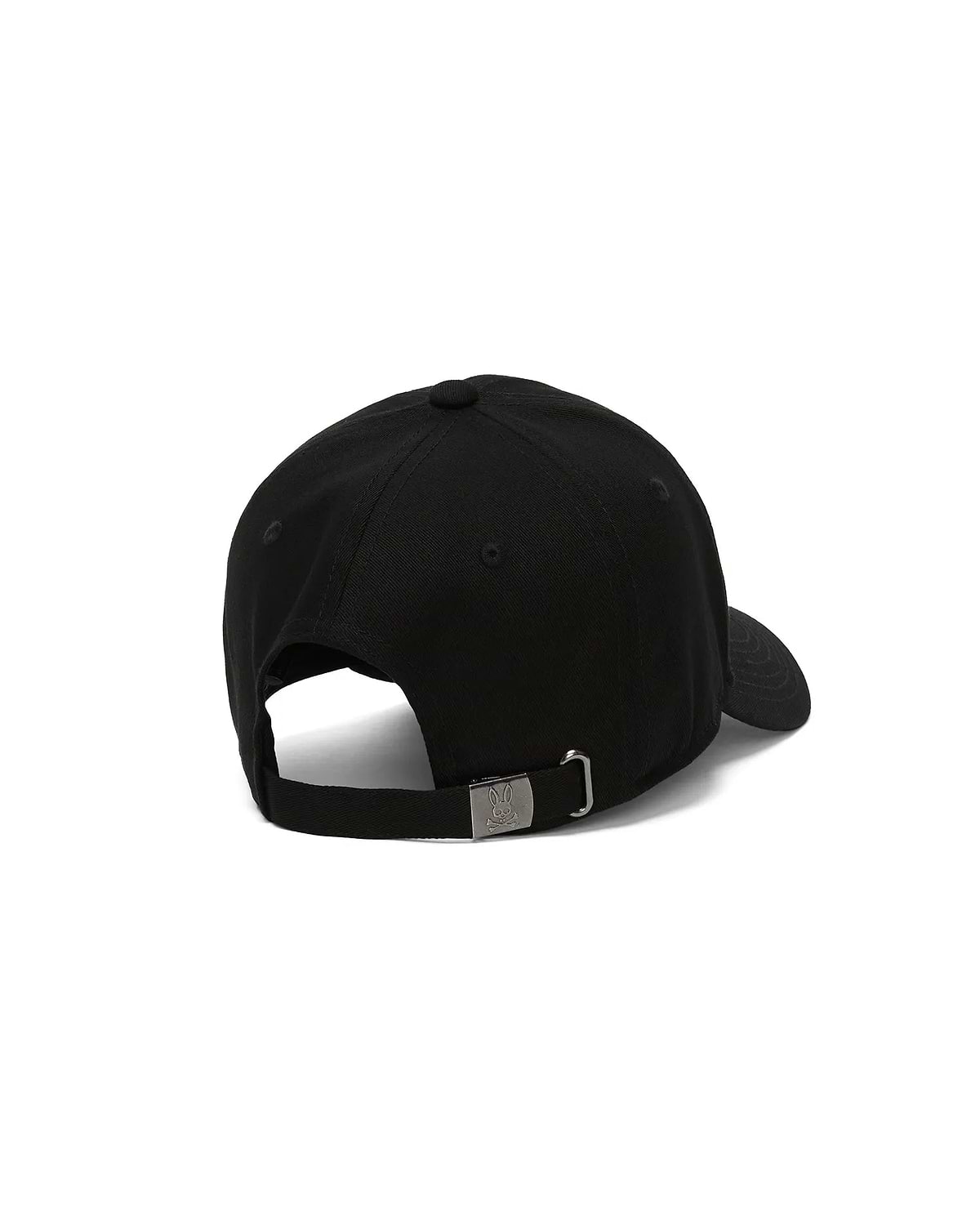 Kids Jaydon Baseball Cap in black cotton twill, featuring an adjustable strap with a gunmetal buckle engraved with the iconic Psycho Bunny skull logo at the back.