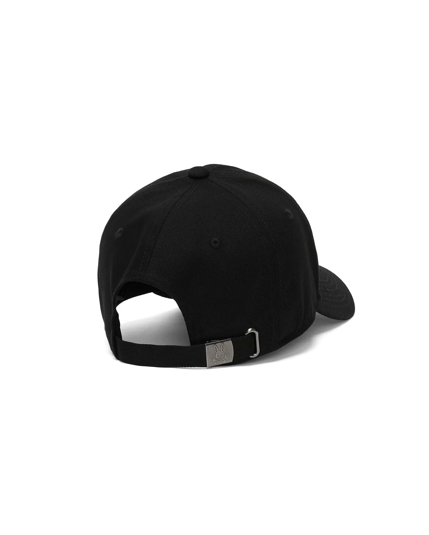 Kids Jaydon Baseball Cap in black cotton twill, featuring an adjustable strap with a gunmetal buckle engraved with the iconic Psycho Bunny skull logo at the back.