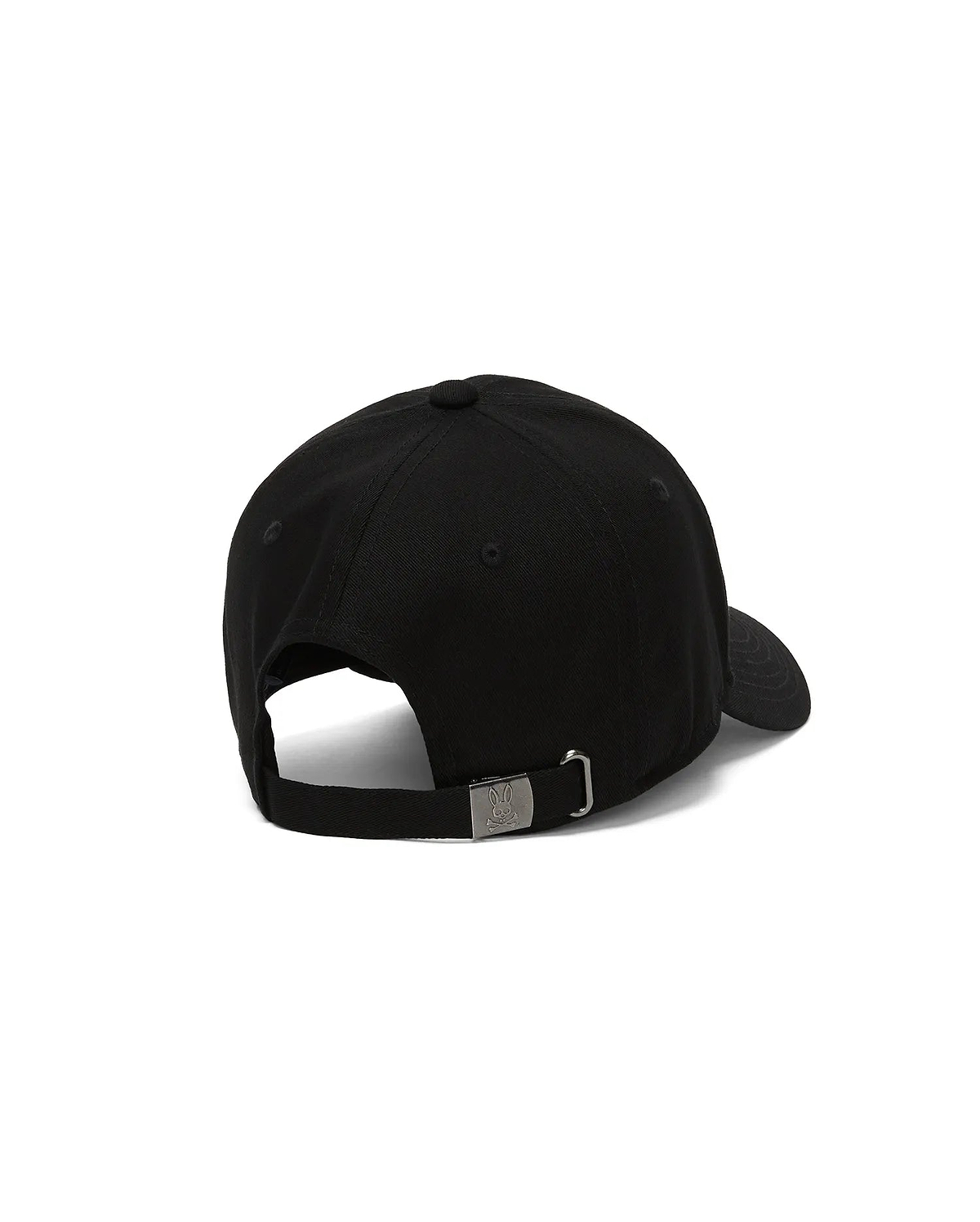 Kids Jaydon Baseball Cap in black cotton twill, featuring an adjustable strap with a gunmetal buckle engraved with the iconic Psycho Bunny skull logo at the back.