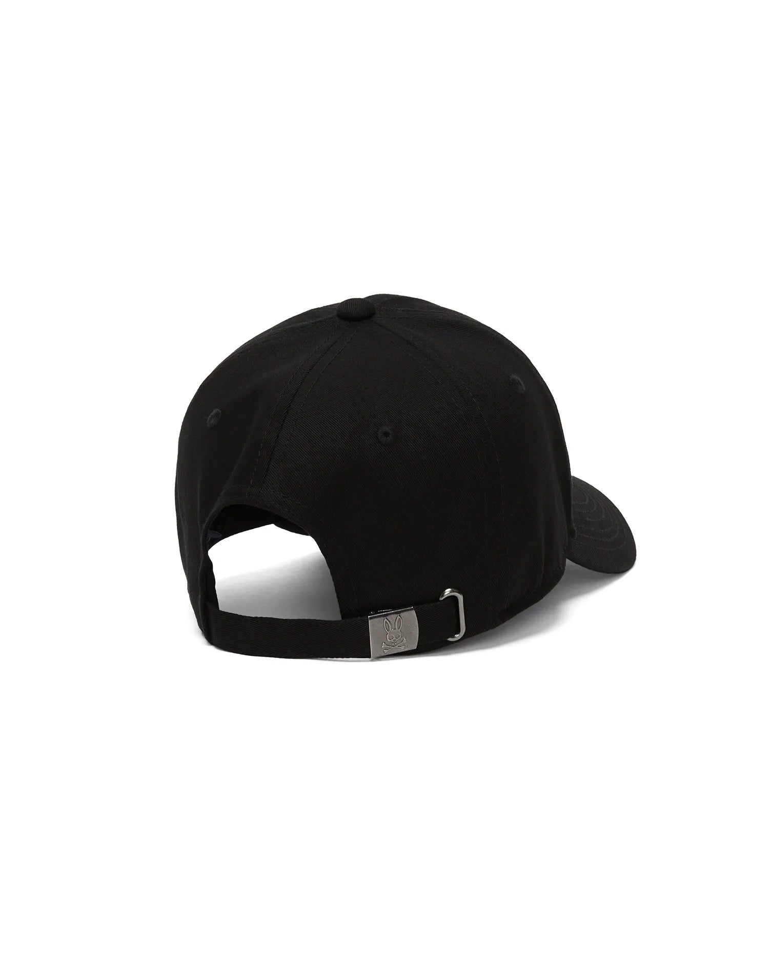 Kids Jaydon Baseball Cap in black cotton twill, featuring an adjustable strap with a gunmetal buckle engraved with the iconic Psycho Bunny skull logo at the back.