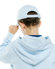 Light blue Kids Jaydon Baseball Cap with adjustable strap and silver buckle, paired with a light blue waffle knit hoodie, revealing a dark blue undershirt collar.