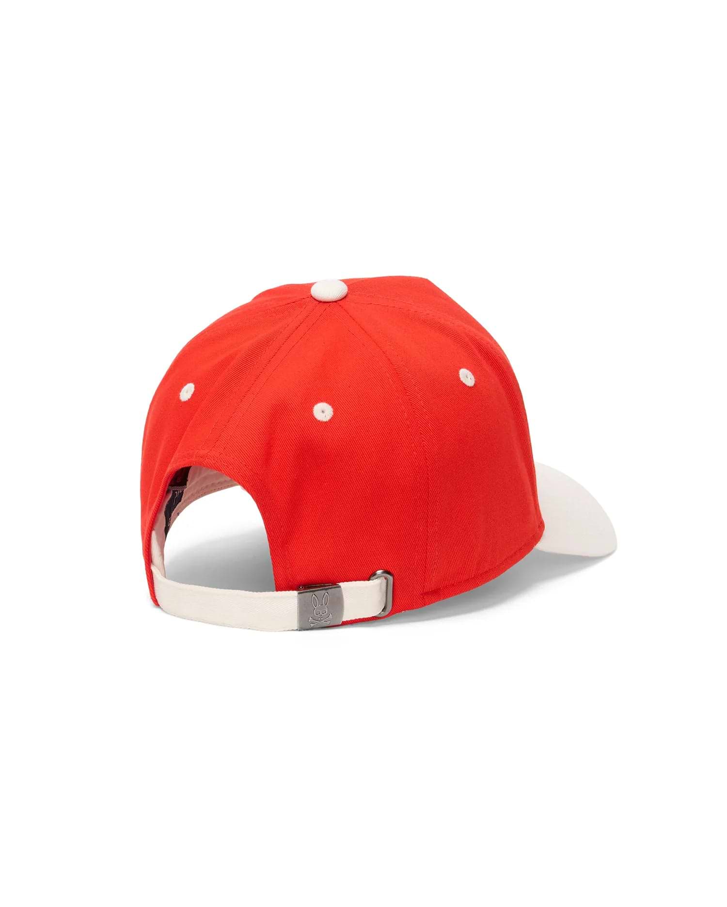 Kids Sable A-Frame Trucker Cap in vibrant red with a white brim, top button, and eyelets. Features a cream adjustable back strap with a small metal Psycho Bunny skull logo buckle.